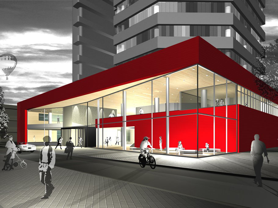 Architekturskizze roter Vorbau des MZH Gebäudes der Universität Bremen