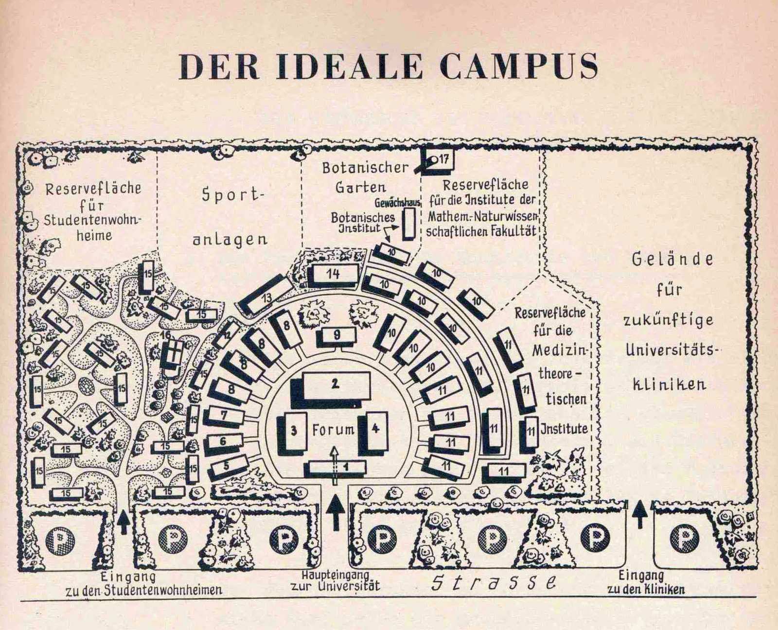 Auf der Zeichnung sind die Gebäude in einem Halbrund angeordnet. Das Zentrum bilden die Universitätsbibliothek, das Hörsaalgebäude mit dem Großem Hörsaal, das Studentenhaus mit der Mensa sowie das Gebäude für Rektorat und Verwaltung.