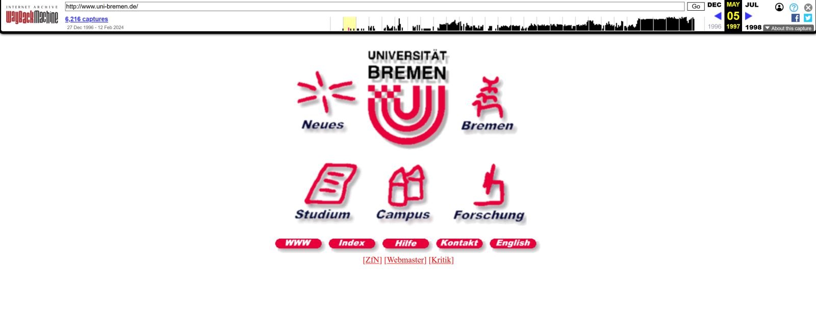Vor einem weißen Hintergrund befindet sich in zentraler Position in roter Farbe das Logo der Universität Bremen. Um das Logo herum sind 5 kleine rote Symbole platziert. Das das sind Links, also Verlinkungen zu weiteren Webseiten im Webauftritt der Uni. Di