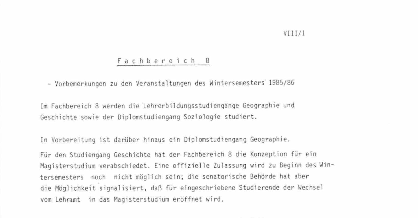 Textauszug aus dem Vorlesungsverzeichnis im Wintersemester 1985/86. Der Fachbereich 8 listet sein Angebot auf.