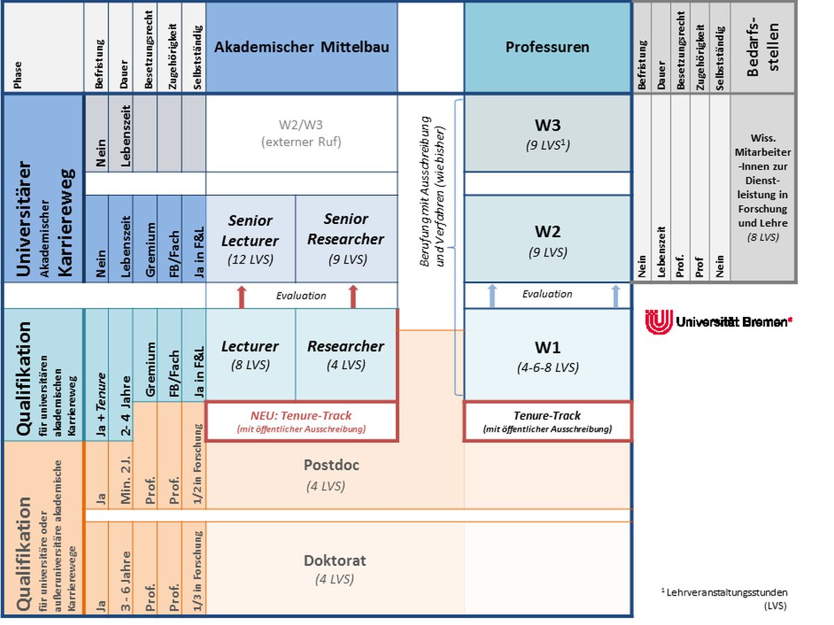 In einem Strukturdiagramm werden die Karrierewege an der Universität Bremen für das wissenschaftliche Personal dargestellt. Unterschieden wird hierbei der akademische Mittelbau von den Professuren sowie unterschiedliche interne und externe Qualifikationsp
