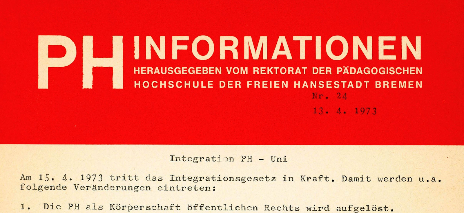 Oberer Ausschnitt des Informationsblatts der Pädagogischen Hochschule vom 13. April 1973.