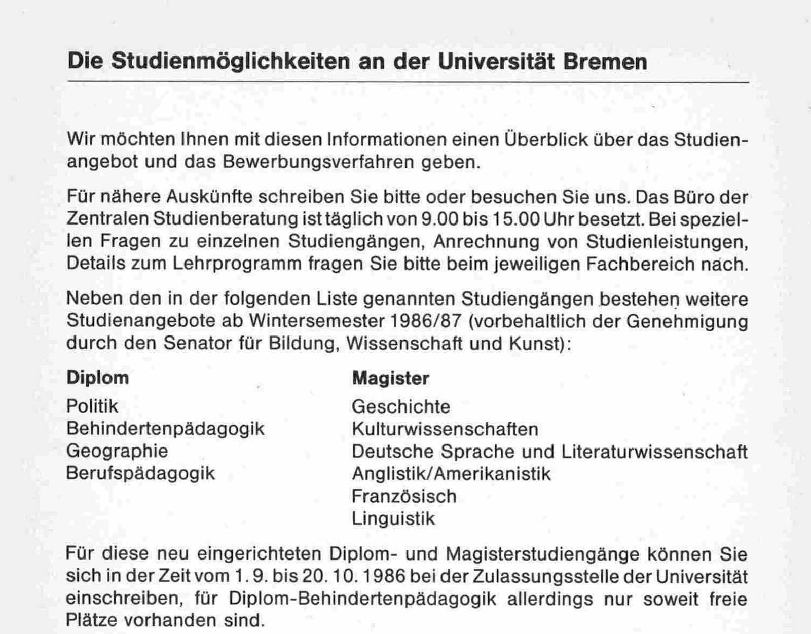 Textauszug zu den Studienmöglichkeiten an der Universität Bremen im Wintersemester 1986/87. Es werden Diplom und Magister Studiengänge aufgeführt.