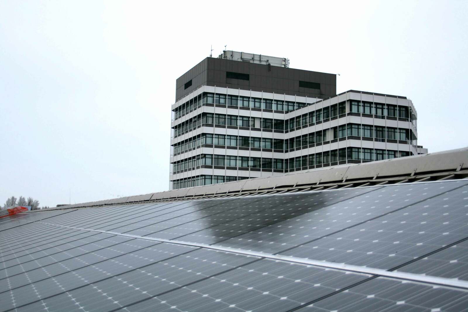 Im Vordergrund sieht man die Solaranlagen auf dem Dach des Verwaltungsgebäudes und im Hintergrund das Mehrzweckgebäude.